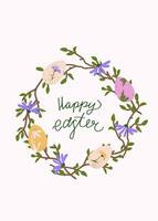 Happy Easter card. Trendy pastel greeting card with spring wreath, Easter eggs and spring flowers. Minimalistic and elegant design with hand drawn calligraphy vector