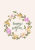 Happy Easter card. Trendy pastel greeting card with spring wreath, Easter eggs and bows. Minimalistic and elegant design with hand drawn calligraphy vector