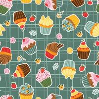 cup cakes with berries, flower, cinnamon seamless pattern checkered vector