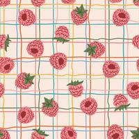 Raspberry on line checkered summer seamless pattern for wrapping, fabric. berries tablecloth texture vector