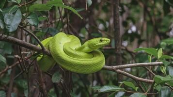 A green snake is sitting on a branch photo