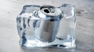 Metal can in ice on light background photo