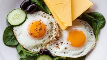 Two eggs and cheese on a plate with spinach photo