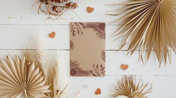 Palm leaves and a card on a wooden table photo