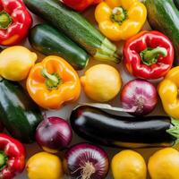 A variety of vegetables and fruits are arranged in a circle photo