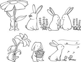 A collection of minimalist line art featuring rabbits interacting with flowers, capturing the essence of springtime beauty and nature's harmony vector