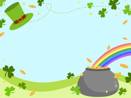 Saint Patrick day background illustration decorated with shamrock cover leaves, golden pot, leprechaun hat and Saint Patrick symbols