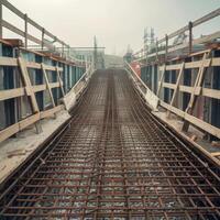 Reinforcement metal framework for concrete pouring on ramp way in construction site area photo