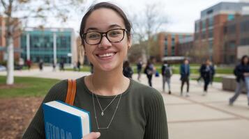 A smiling student holding a book in front of a campus photo