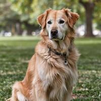 A golden retriever sitting on the grass photo