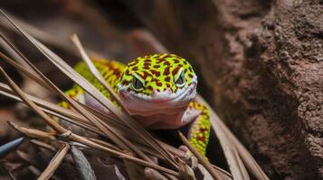 Leaopard gecko closeup head gecko hiding on dry leaves photo