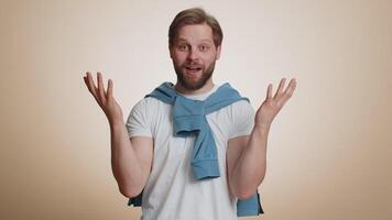 Excited amazed man showing head explosion, looking worried shocked surprised guy, wow idea eureka video