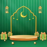 Ramadan Golden Crescent and Lanterns on Green Background with Present Boxes vector