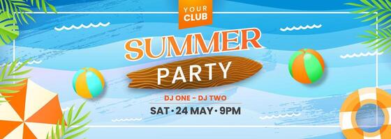 Summer party concept template illustration with with summer leaves, umbrellas, and beach balloons. Suitable for banner. vector