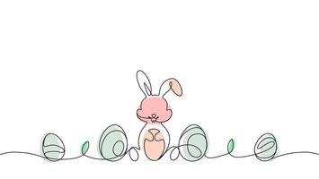 Easter Bunny Surrounded by Decorated Eggs in Minimalist Line Art Style vector