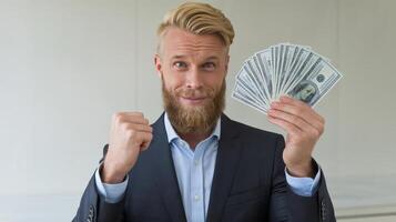 A man with a beard and suit holding up money photo
