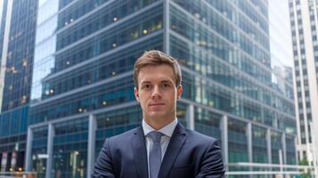 A man in a suit and tie standing in front of a building photo