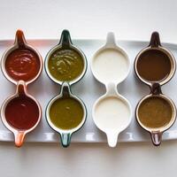 A tray of sauce in different colors on a white surface photo