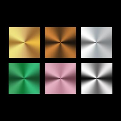 Set of six metallic gradient textures in square format, featuring gold, bronze, silver, green, pink, and black chrome effects