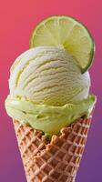 Lime ice cream scoop of white and green ice cream with lime slice on gradient background lemon photo