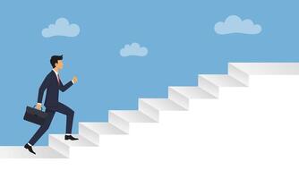 Businessman steps up stairs to successful point with sky background vector