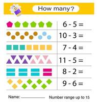 Math activity for kids. Developing numeracy skills. Number range up to 15. . vector