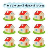 Fun puzzle game for kids. Need to find two identical houses. Task for development of attention and logic. illustration vector