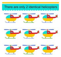 Fun puzzle game for kids. Need to find two identical helicopters. Task for development of attention and logic. . vector