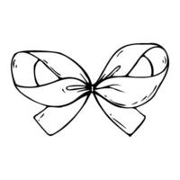 Satin fabric bow, with short wide ribbons. Graphic sketch illustration hand drawn line art, outline in black ink. Single isolated element EPS, for hair decoration, clothes, gifts, holidays vector