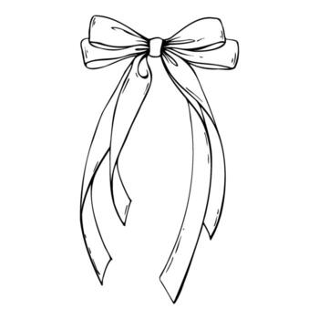 Satin bow made of fabric, narrow in two layers with long twisted ribbons. Graphic sketch illustration hand drawn line art, outline in black ink. Single isolated element EPS, for decoration vector