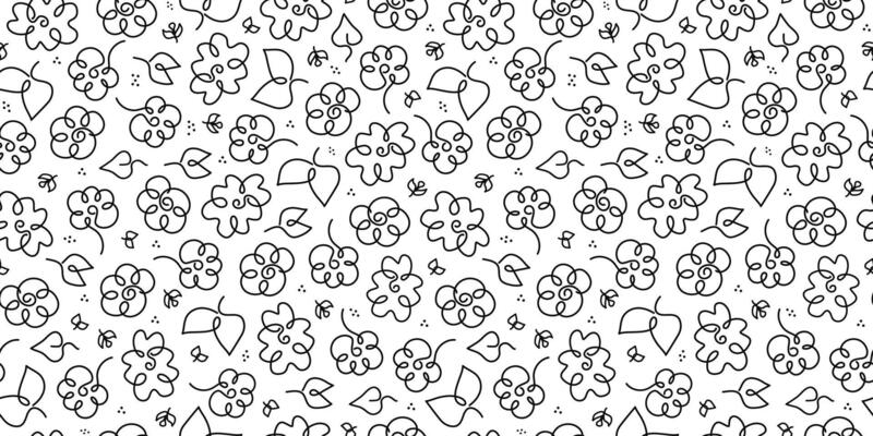 Abstract hand drawn flowers and leaves. Line art drawings. Seamless botanical pattern, repeating nature background.