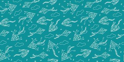 Seamless pattern. Kites flying in the sky, in the clouds. Hand drawn icon, doodle. Kite. Line drawing, sketch. Repeating background. vector