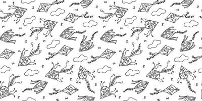 Pattern kites flying in the sky, in the clouds. Hand drawn icon, doodle. Kite. Line drawing, sketch. Seamless background. vector