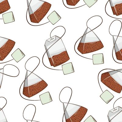 Tea bags seamless pattern. Tea seamless. Black tea background. Black tea patterns for fabric, packaging, coffee shops. Hand Drawn illustration