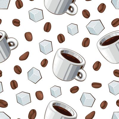 Coffee cups seamless pattern. Coffee beans seamless. Coffee background. Coffee beans patterns for fabric, packaging, coffee shops. Hand Drawn illustration
