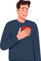 Concerned young man in a dark sweater holding a red heart illustration in a minimal art style expressing vulnerability and emotion through body language and facial expression art vector