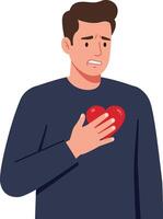 A worried man holding a red heart symbol on his chest, expressing concern and vulnerability in flat art vector