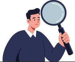 A man holding a magnifying glass while showing curiosity in a flat illustration featuring a clean and modern design style, ideal for educational content or research themes art vector