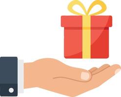 A hand offering a small red gift box with a yellow ribbon in a minimal flat design illustration vector
