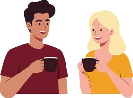 Two cheerful friends enjoying coffee together in a bright, minimal style illustration, showcasing warmth and connection in a casual setting vector