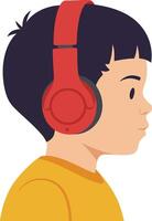 Young boy wearing red headphones in profile view, showcasing a playful and focused expression in a flat illustration vector