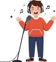 A joyful boy wearing headphones singing into a microphone in a flat art style, surrounded by musical notes and sparkles, conveying a fun and energetic atmosphere illustration vector