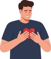 A man holding a red heart in his hands with a concerned expression in a flat illustration depicting emotional vulnerability and introspection vector