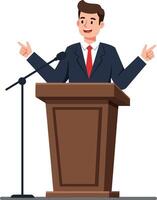 Confident businessman delivering a speech at a podium in a professional setting, minimal design style, lively atmosphere, art vector