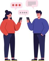 Two friends engaged in a lively conversation while using smartphones in a flat design illustration vector