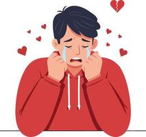 A young man in a red hoodie expressing sadness and heartbreak surrounded by floating heart icons in minimal art vector