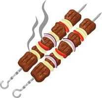 Grilled meat skewers with colorful vegetables in flat design style featuring smoke, appetizing aroma, and vibrant colors, perfect for summer BBQ art vector