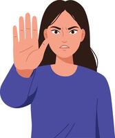 Assertive young woman with hand raised in a stopping gesture, flat design style, conveying determination and confidence in illustration vector