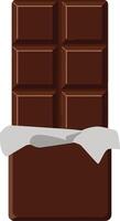 Dark chocolate bar partially wrapped in silver foil, featuring a flat design style in art vector