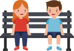 Two happy children sitting on a black park bench smiling at each other in a minimal flat illustration vector